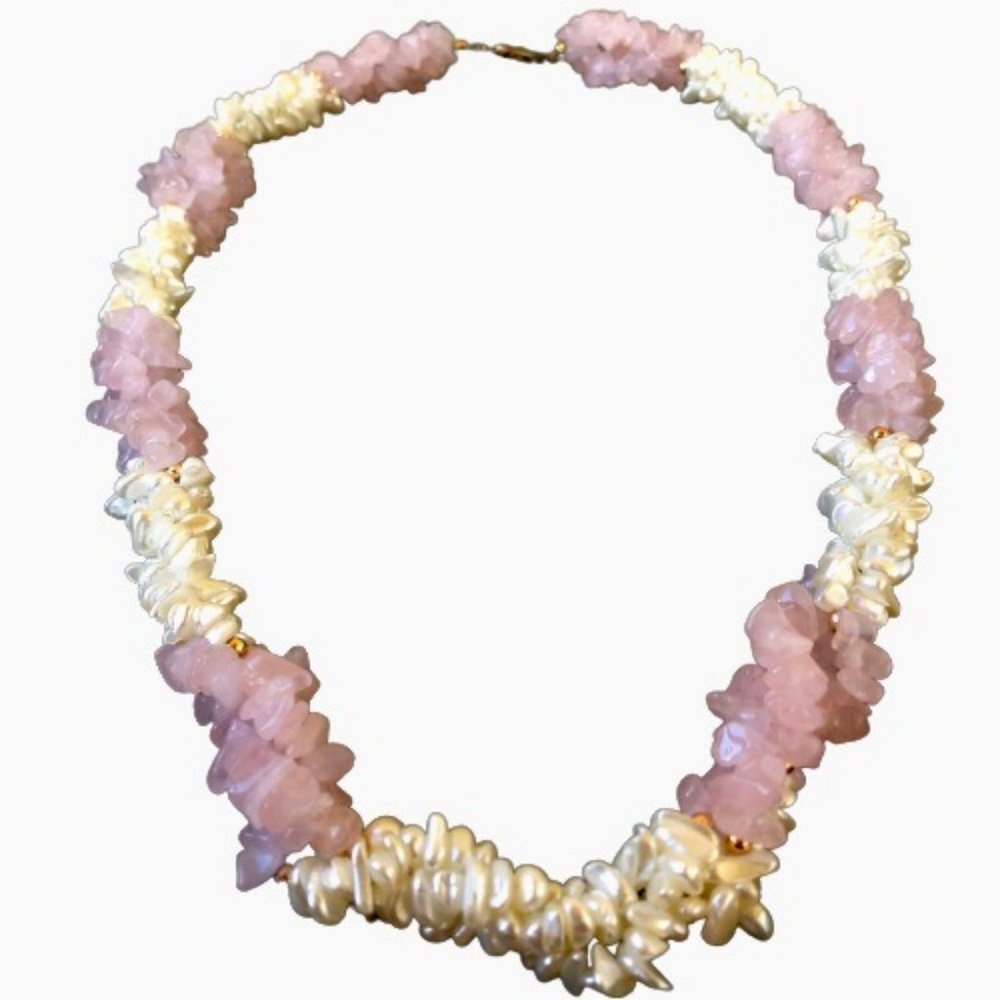 Vintage Necklace Freshwater Pearl + Rose Quartz Triple Multi-Strand Twis… - Picture 9 of 15